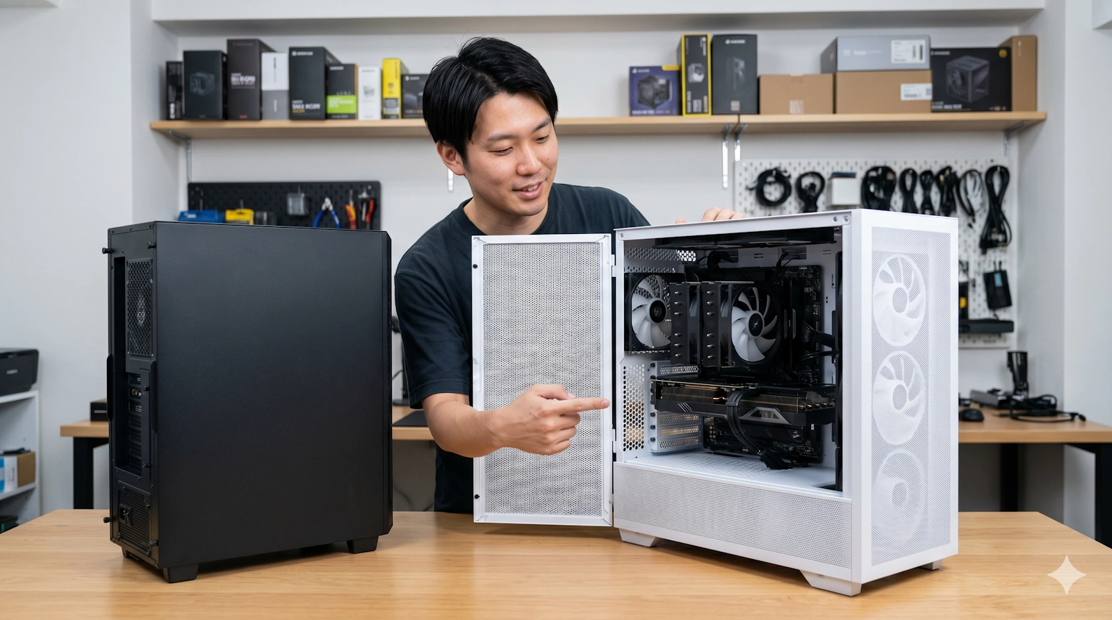 全面メッシュPCケースと従来のケースを比較する人物。メッシュパネルの構造を指差して解説している。