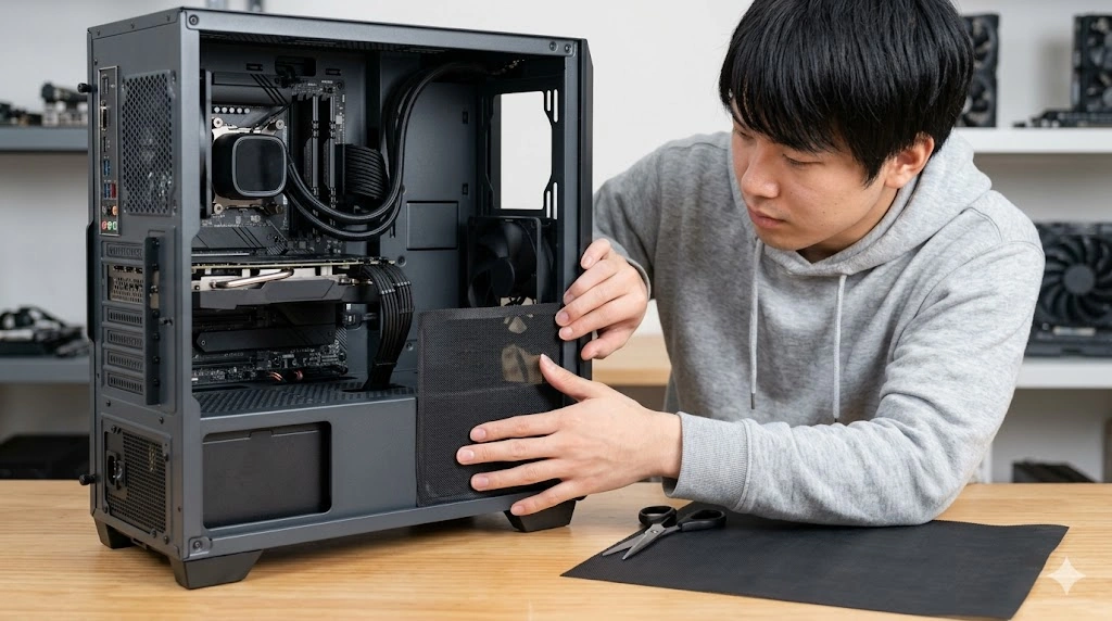 全面メッシュPCケースのフロントパネル裏に搭載された水冷クーラーのラジエーターとファン。冷気が直接当たる構造を詳しく見せている。