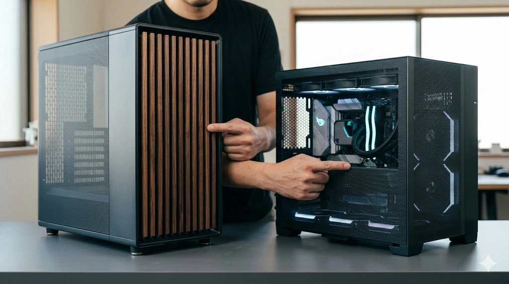 木材ルーバーを採用したデザイン重視の全面メッシュPCケース（左）と、3面メッシュでデュアルチャンバー構造の高性能PCケース（右）の比較。専門家がそれぞれの特徴を指差している。