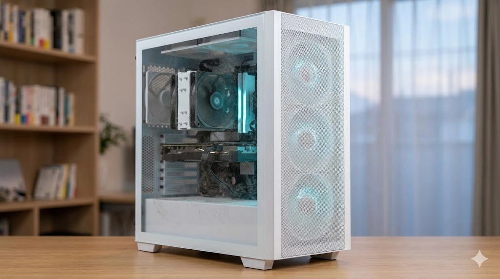 ホコリが蓄積した全面メッシュPCケース（白色）のフロントパネル内側。吸気ファンによって引き込まれた微細なチリがメッシュの孔を塞ぎ始めている。