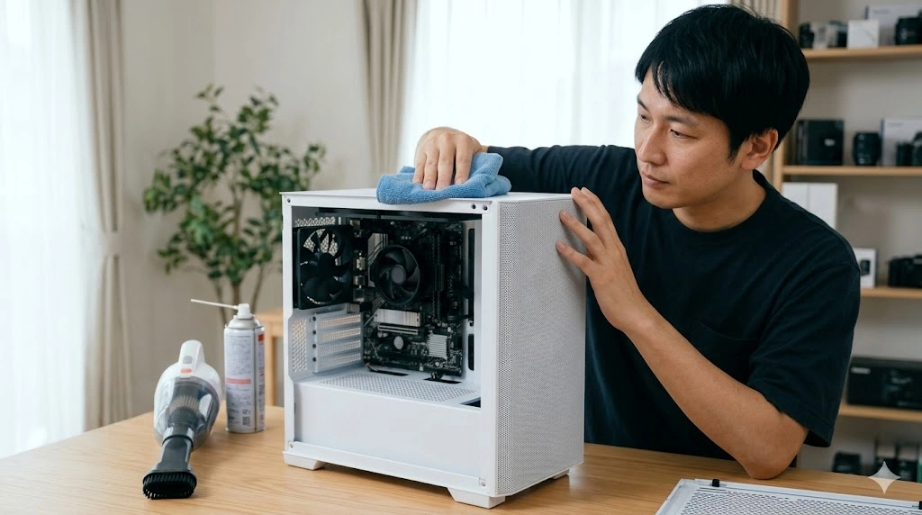日本人男性が全面メッシュPCケース（白色）の天面メッシュパネルをマイクロファイバークロスで優しく拭き掃除している様子。デスクには掃除機とエアダスター。