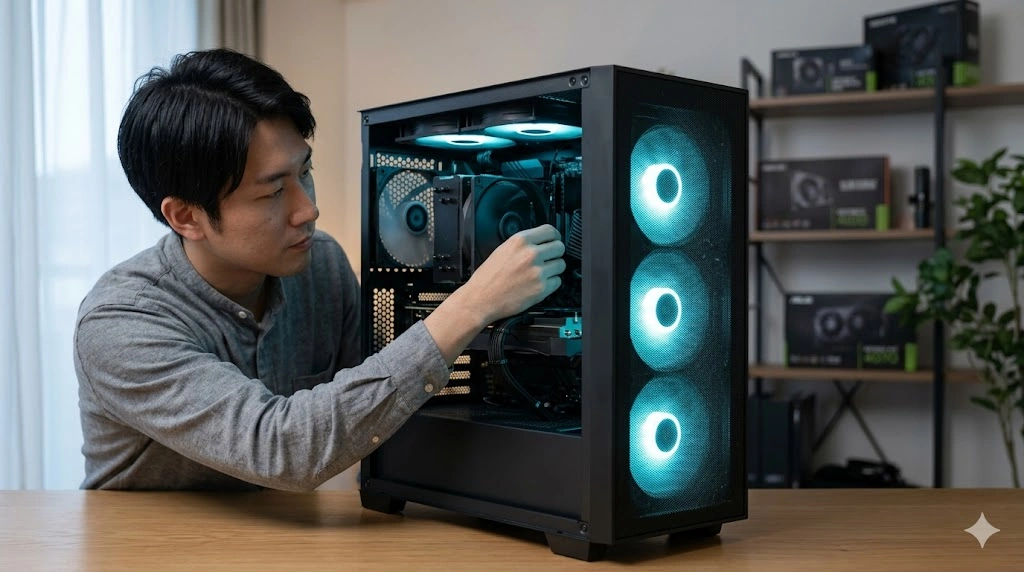 日本人男性が全面メッシュPCケース（黒色）の正圧環境設定を解説。前面ファンを強力にし、排気を抑えることで防塵効果を高めている。