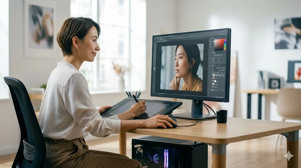 最新のCPUを搭載したPCで、快適に写真編集作業を行う日本人クリエイターの様子。シングルコア性能の高さを表現。