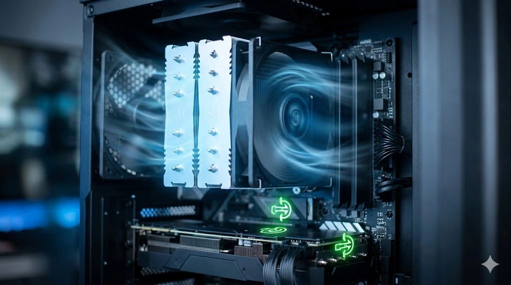 PCケース内で効率的に冷却されるCPUクーラーとマザーボード。低発熱・省電力を視覚的に表現したイメージ。