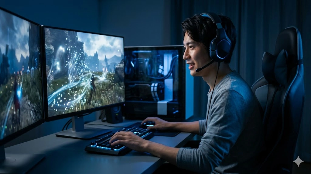 高性能な自作PCで、没入感のある最新の3Dアクションゲームをプレイする日本人男性ゲーマーの様子。滑らかで快適なゲーム体験を表現。