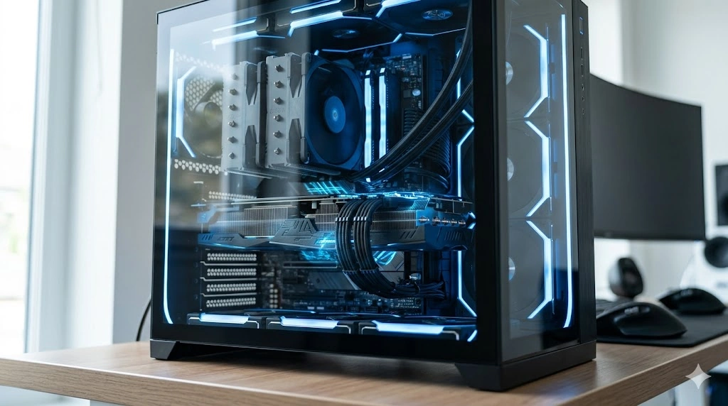 高解像度モニター環境を想定し、強力な大型グラフィックボードを搭載した自作PCの内部。CPUとグラボのバランスの良さを表現。