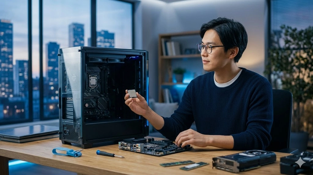 最新のマザーボードを前に、将来のCPUアップグレードを計画する日本人男性。AM5プラットフォームの長寿命性を表現。