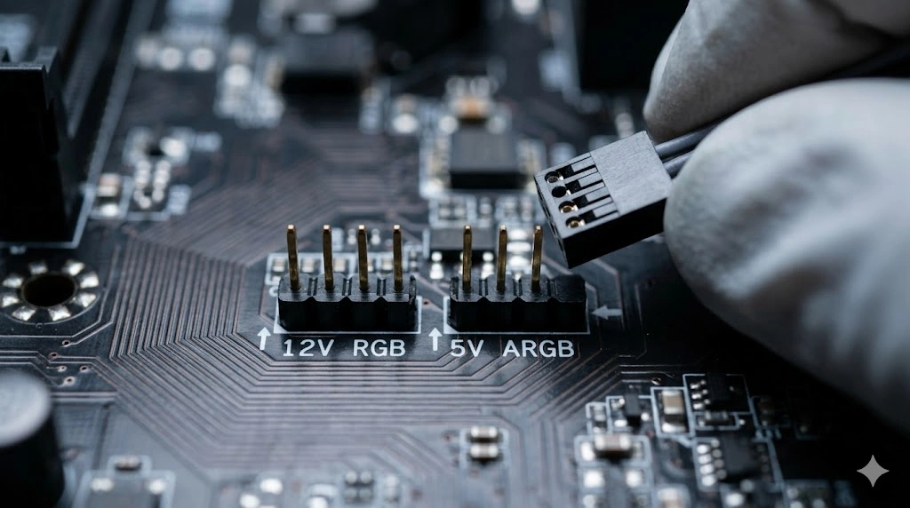 コンピュータのマザーボード上にある12V 4ピンRGBヘッダーと5V 3ピンARGBヘッダーを比較したマクロ写真。手袋をはめた手がケーブルを誘導している様子。