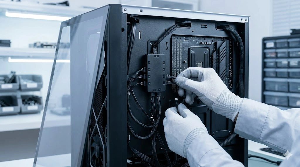 自作PCの内部で、手袋をはめた手がARGBケーブルを小型ARGBコントローラーハブの番号付きポートに慎重に差し込んでいる様子。整理された配線と柔らかな白い照明。