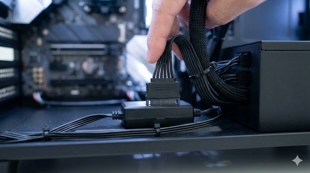 PCケース内部で、黒いSATA電源ケーブルが小型のARGBコントローラーユニットに接続されている様子を示すマクロ写真。清潔感のある配線管理とクールホワイトのライティング。
