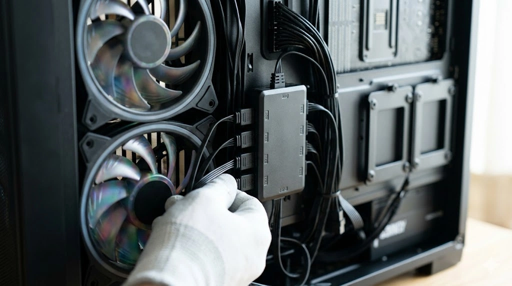 手袋をはめた手が、PCシャーシ内のマルチポートコントローラーハブにある、ラベル付けされた個別のチャンネルに、それぞれのARGBファンケーブルを慎重に接続している様子。