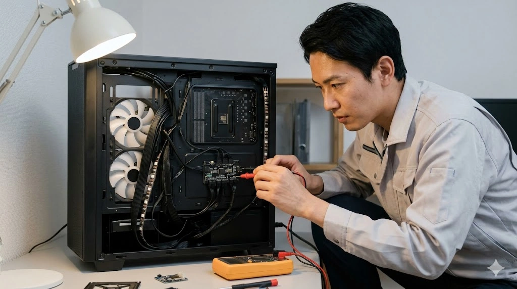 開いた状態のPCケース内部で、真剣な表情の日本人技術者がマルチメーター（テスター）を使用してARGBコントローラー基板の電圧をチェックしている様子。