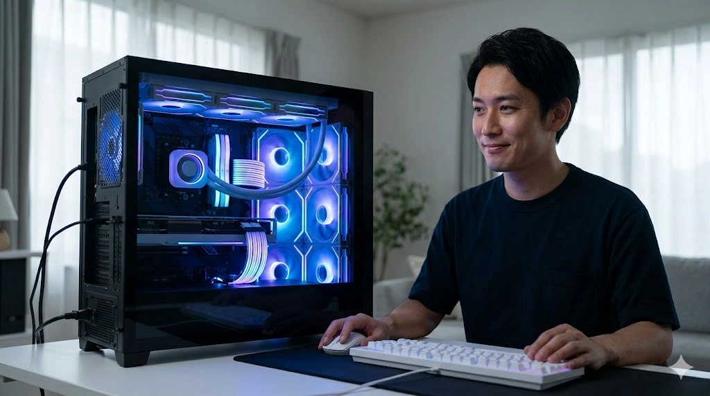 高度なARGB同期設定によって構築され、滑らかなライティングエフェクトを表示している完成した自作ゲーミングPCと、その傍らで満足そうに微笑む日本人の男性。