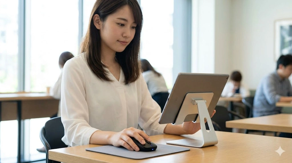 カフェでiPadとBluetoothマウスを使って作業する日本人女性。タブレットスタンドで画面の高さを調整し、快適な姿勢を保っている。