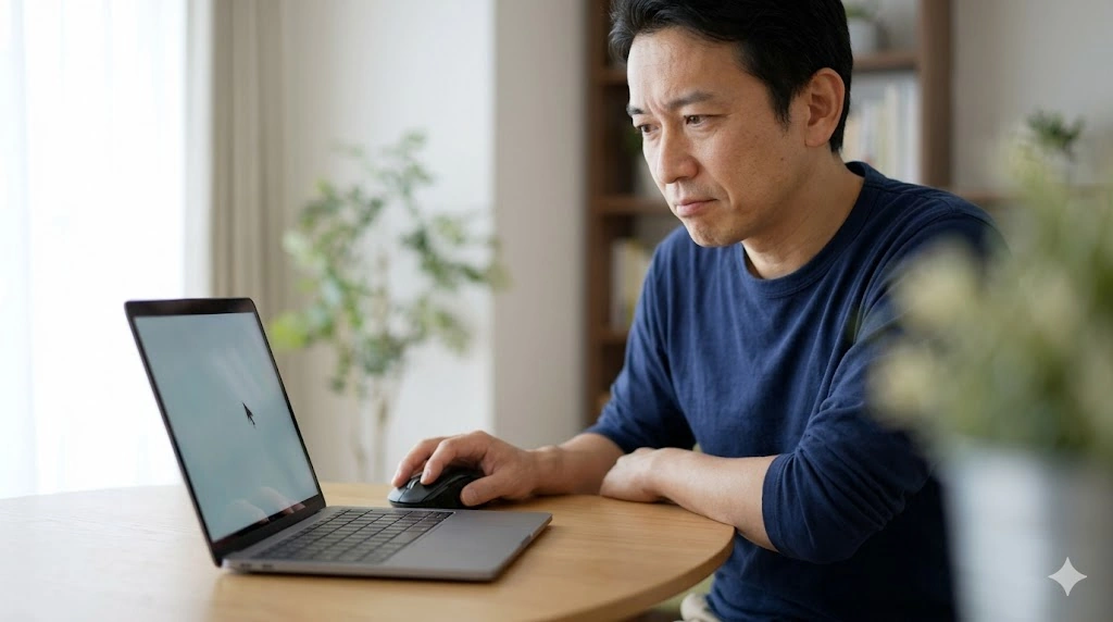BIOS画面で、Bluetoothマウスが全く反応せず、途方に暮れる日本人男性。画面にはテキストベースの古い設定メニューが表示されているが、ポインタは動かない。