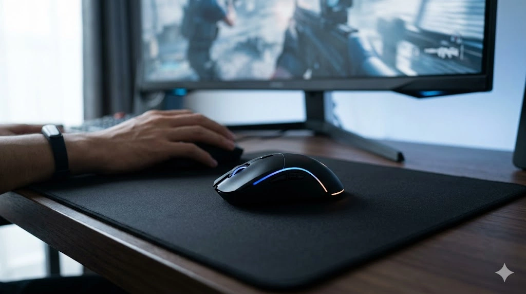 FPSゲームをプレイする日本人男性。Bluetoothではなく、超高ポーリングレートの専用ドングル無線方式ゲーミングマウスを使用し、遅延のない快適な操作を実現している。