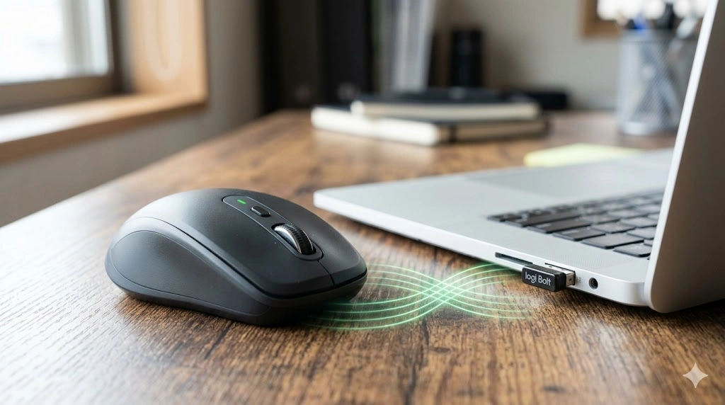 LogicoolのLogi Bolt対応マウスと、対応するUSBレシーバー。混雑した電波環境でも安定した通信を実現する、高度な無線技術であることを示している。