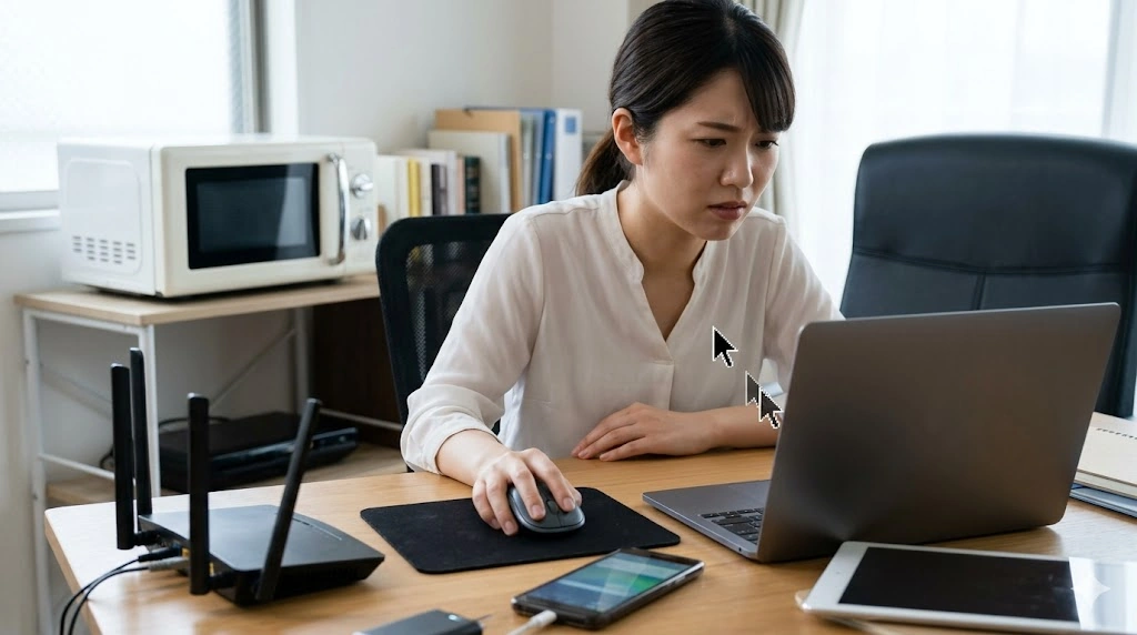 2.4GHz帯の電波干渉により、マウスポインタが飛び、操作にフラストレーションを感じる日本人女性。デスクの上には、Wi-Fiルーター、スマートフォン、電子レンジなど、電波を発する機器が混雑している。