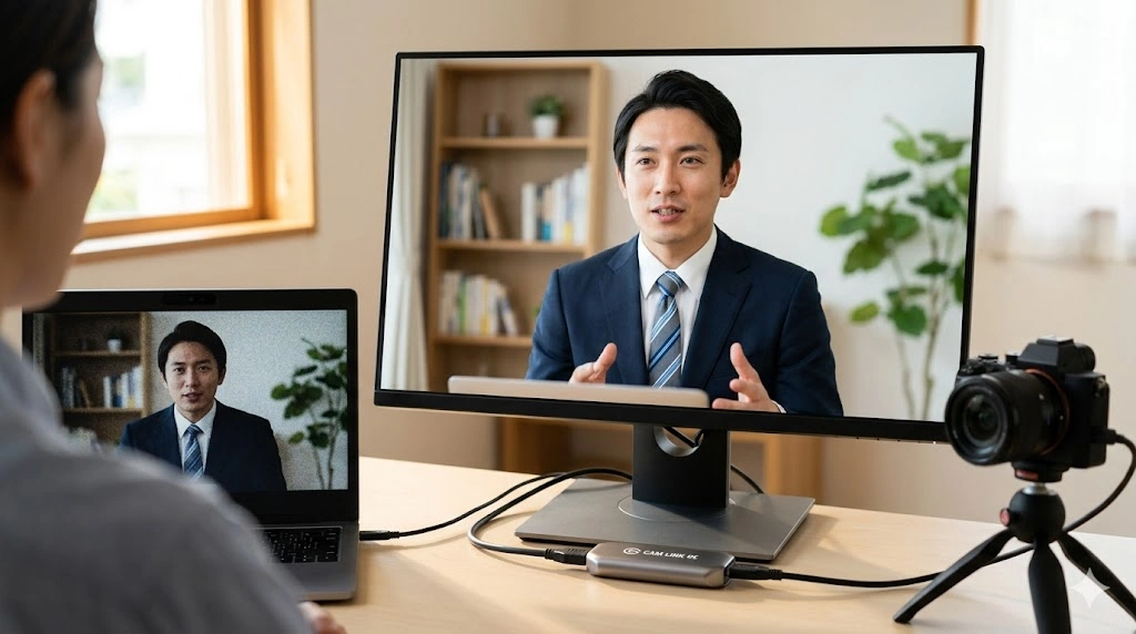 内蔵Webカメラの粗い映像（左のノートPC）と、キャプチャボード経由で接続した一眼レフカメラの鮮明な映像（中央のモニター）を比較する、日本人男性のオンライン会議風景。外部カメラによる高画質化のメリットが視覚的に分かる。