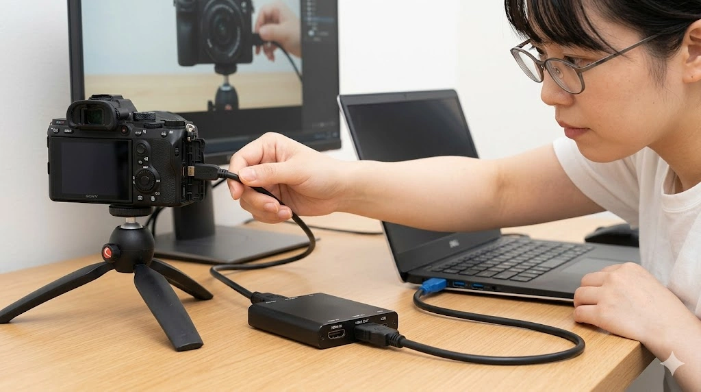 日本人女性の手元。ミラーレスカメラ（Sony α）のMicro HDMI端子にケーブルを接続し、もう一方を小型キャプチャボード（Elgato Cam Link 4K）の「HDMI IN」ポートに挿入する様子。カメラは三脚に固定され、キャプチャボードはPCの青いUSB 3.0ポートに繋がっている。