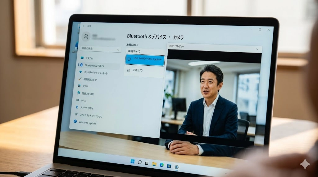 日本人男性が操作するWindows PCのZoom設定画面。ビデオ設定のカメラ選択プルダウンメニューに、内蔵カメラ以外に「USB 3.0 HD Video Capture」というキャプチャボード由来のデバイス名が表示され、選択されている。カメラプレビューには外部カメラの映像が映っている。