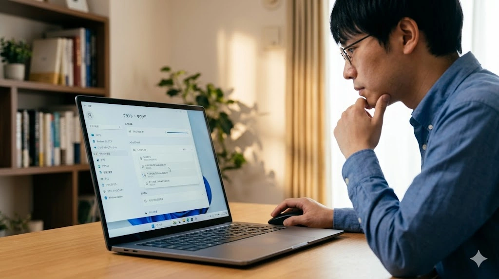 日本人男性が操作するWindows PCのサウンド設定画面。入力デバイス（マイク）の選択メニューに、キャプチャボード由来の「マイク (USB 3.0 Audio Capture)」が表示されている。男性が正しいデバイスを選択しようとしている様子。