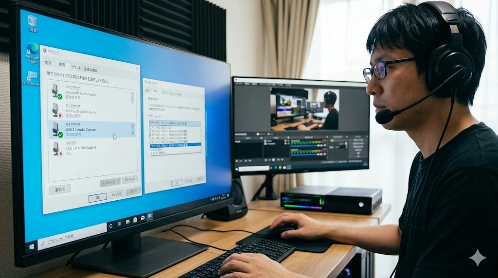 日本人男性が操作するWindows PCのサウンドコントロールパネル。録音デバイスのプロパティ画面において、サンプリング周波数を「2チャンネル、16ビット、48000 Hz（DVDの音質）」に設定し、音ズレの根本原因を解決しようとしている。
