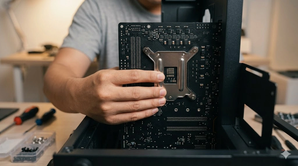 PCケース内部で、マザーボードの裏側からCPUクーラーのバックプレートを手で支えている様子。重力でバックプレートが落ちるのを防ぐ、トラブルの主因を解説する画像。