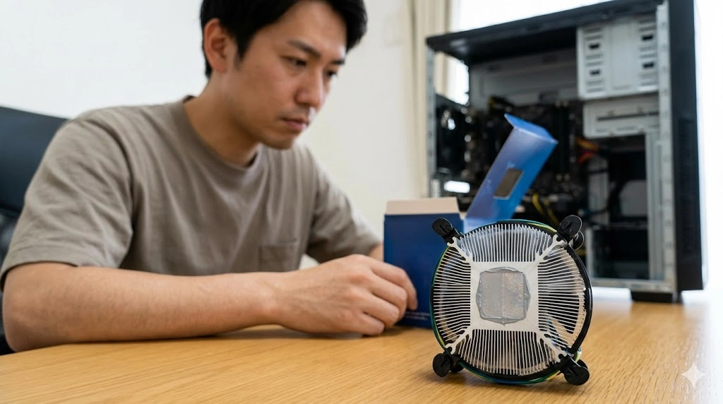 CPU付属のリテールクーラーの実物を前に、その冷却性能について真剣に悩む自作PCユーザーの男性。