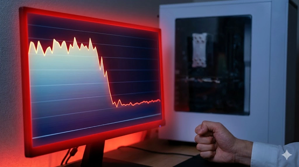 CPUの温度上昇によりサーマルスロットリングが発生し、PCのパフォーマンスが急激に低下したことを示すモニター画面と、落胆するユーザーの手元。