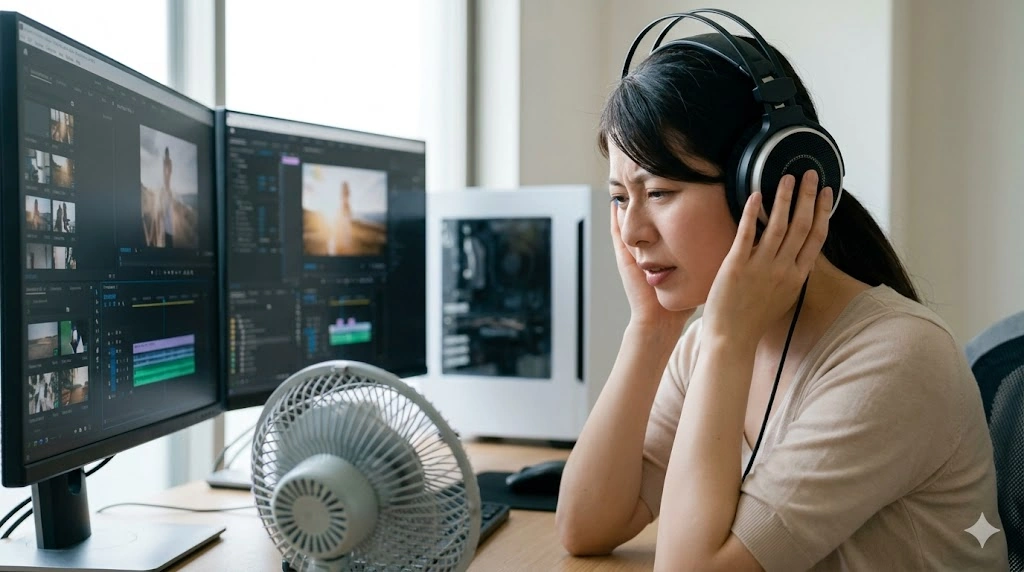 PCの高負荷時にリテールクーラーから発生する不快な高周波ノイズに悩まされ、作業に集中できないヘッドホン姿のクリエイター。