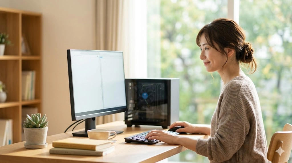 静かな部屋で、Web閲覧や事務作業など低負荷な用途でPCを快適に使う日本人女性。リテールクーラーでも十分であることを表現。
