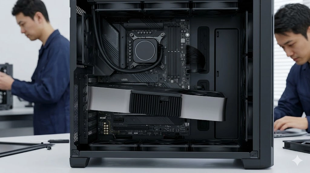 PCケース内で自重により右端が大きく垂れ下がり、基板とPCIeスロットに負担がかかっている巨大なグラフィックボードの様子。