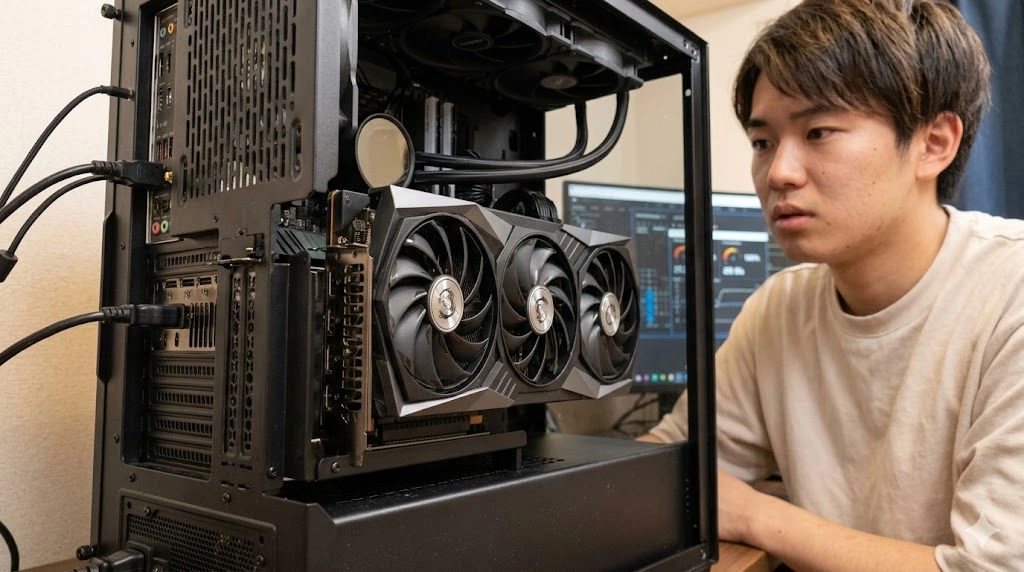 ライザーケーブルを使用し、PCケース内に垂直に取り付けられたグラフィックボード(縦置き)。重さは分散されるが、サイドパネルとの距離が近く、冷却性能の悪化(窒息)が懸念される設置例。