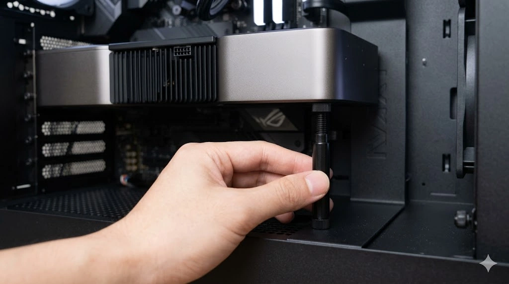 100円ショップで購入した小型の突っ張り棒を使い、PCケースの底面からグラフィックボードの右端を無段階調整でジャストフィットさせて支える代用アイデアの実例。