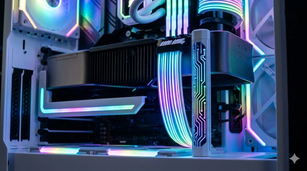 アドレサブルRGB(ARGB)LEDを内蔵し、虹色に光るポール型および水平ブラケット型のサポートステイが、PCケース内を華やかにドレスアップしながらグラフィックボードを支えている様子。