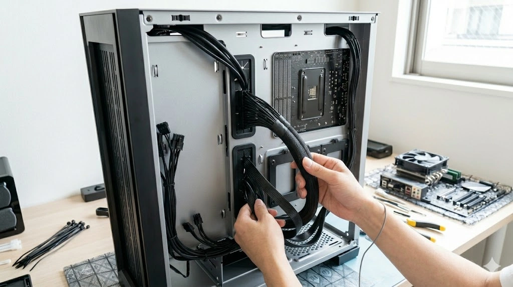 PCケースのゴム製グロメットから太い電源ケーブルを裏配線スペースへ通している、エアフローを考慮した初期段階の自作PC組み立て風景。