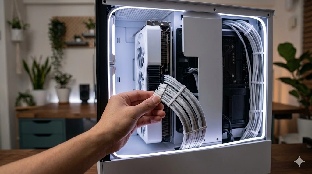 PCケース内部の白い延長スリーブケーブルに、透明なケーブルコーム(櫛)を取り付け、複数本のケーブルを平行に美しく整えているクローズアップ写真。