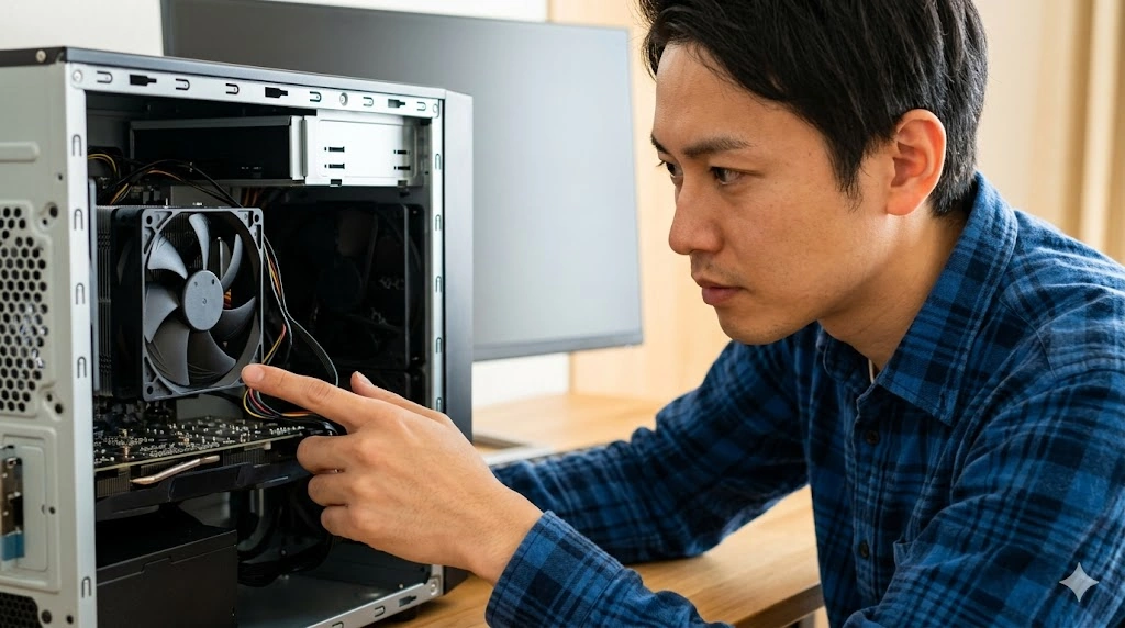 PCケース内部のリアファンを指さして確認するアジア人男性。ケースファンがシステムの冷却に重要であることを示唆している。