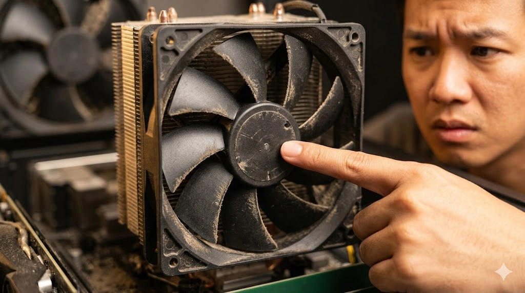 ホコリが溜まり、軸がブレて見える古いPCケースファン。指で中心を指し、異音の原因となる物理的な故障や摩耗を表現している。