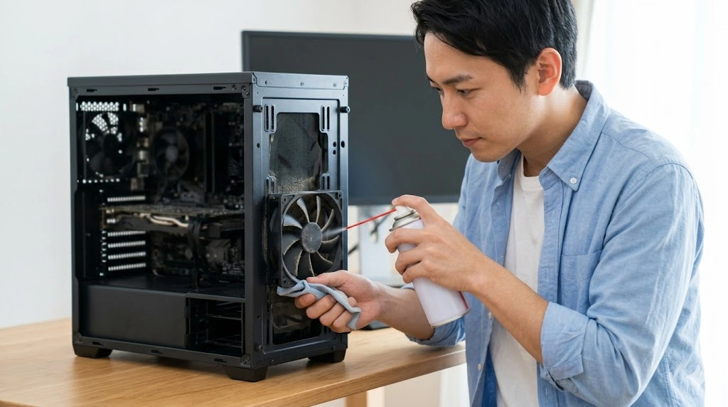 エアダスターを使ってPCケースのフロントファン周辺のホコリを吹き飛ばすアジア人男性。定期的な清掃が冷却効率維持と静音化に不可欠であることを示している。