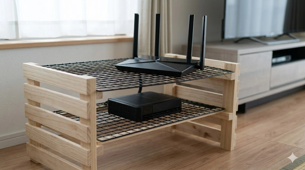 100均のすのことワイヤーネットで自作した通気性抜群のルーター用ラック 