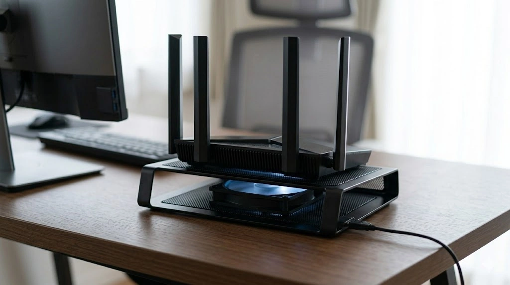 専用のUSB冷却ファン付きスタンドに設置されたWi-Fiルーター 