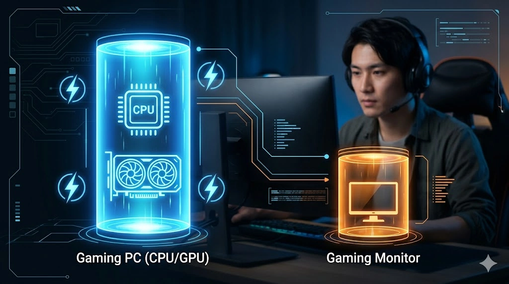 ハイエンドなゲーミングPCシステム全体における、PC本体(CPU/GPU)とゲーミングモニターの消費電力の比率を示す概念図。PC本体の消費電力が圧倒的に大きいことが、巨大なエネルギーの柱と小さなエネルギーの柱の比較によって視覚的に表現されている。