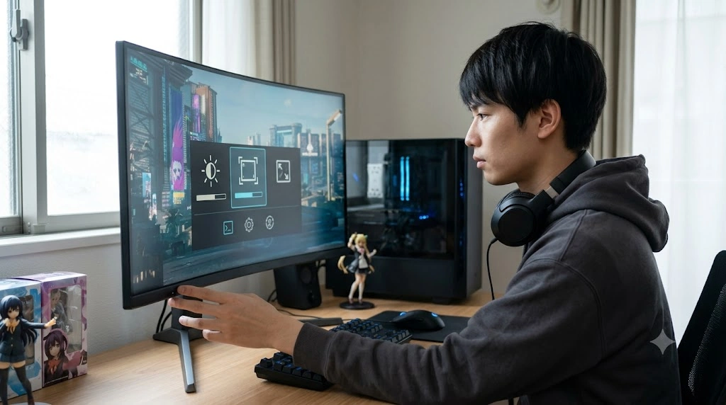 ゲーミングPCの前で、テキストのない設定メニューを使って画面輝度やフレームレートの上限などを手動で賢く調整する日本人男性ゲーマー。