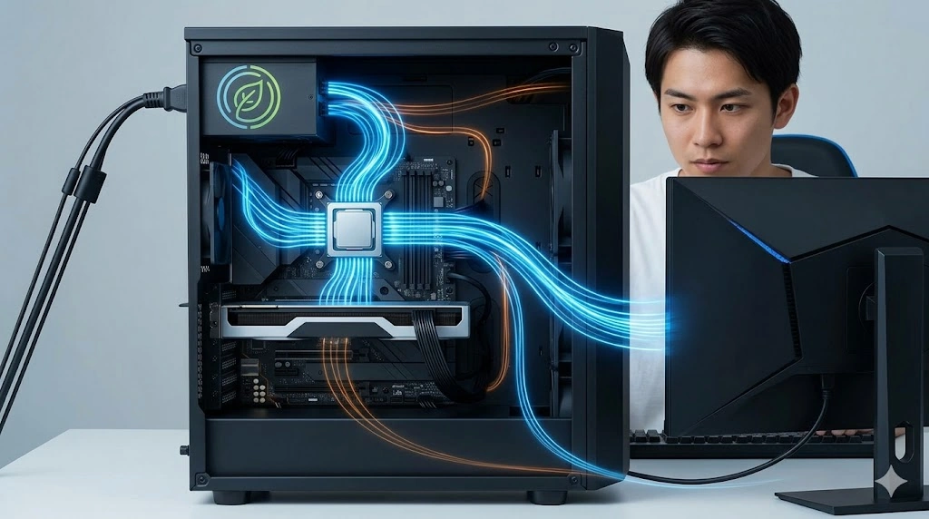 ゲーミングPCの内部構造を示し、高効率な電源ユニット(抽象的なシンボル)から、CPU、GPU、ゲーミングモニターへと効率的に電力が供給されるクリーンなエネルギーの流れを表現した概念図。高効率電源がシステム全体の節電に貢献することを示唆している。