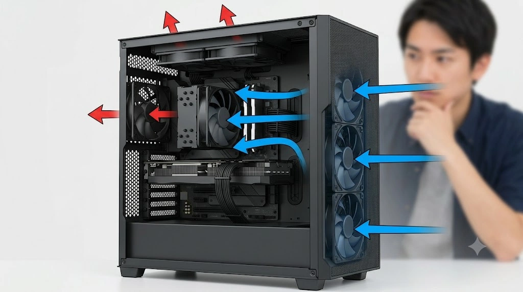 フロントメッシュPCケースの内部エアフロー図。前面から冷気が入り、CPUとGPUを冷やして背面へ抜ける直線的な空気の流れを青と赤の矢印で視覚化。5.25インチベイがないため障害物がない。