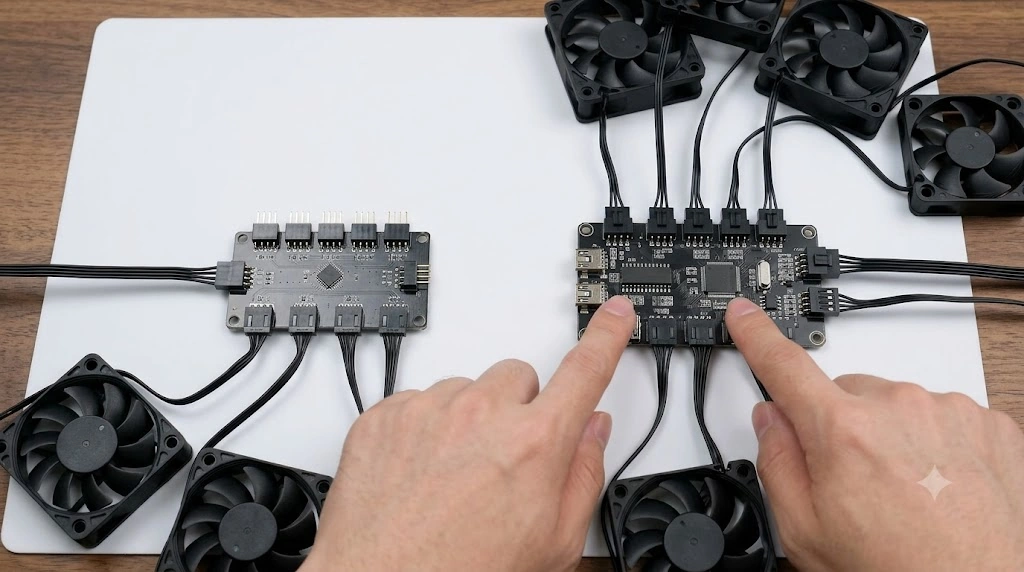 クリーンな静電気防止マットの上に並べられた、PC用のファンハブ（左）とファンコントローラー（右）。ファンハブはシンプルな分配器で、ファンコントローラーはICチップを搭載した高度な電子機器。日本人のPCビルダーが、それぞれのデバイスに冷却ファンを接続している様子。