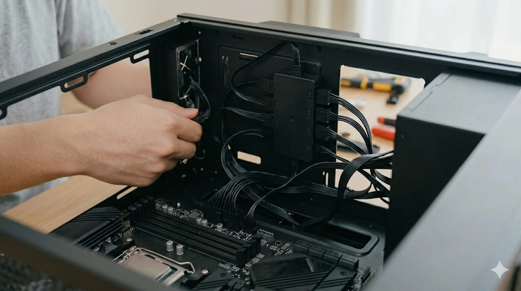 自作PCの組み立て中に、日本人スタッフ（左側の人物）の2本の手がファンハブにSATA補助電源ケーブルを接続する様子。不自然な3本目の腕は削除され、PCケース内部の構造が自然に描写されている。