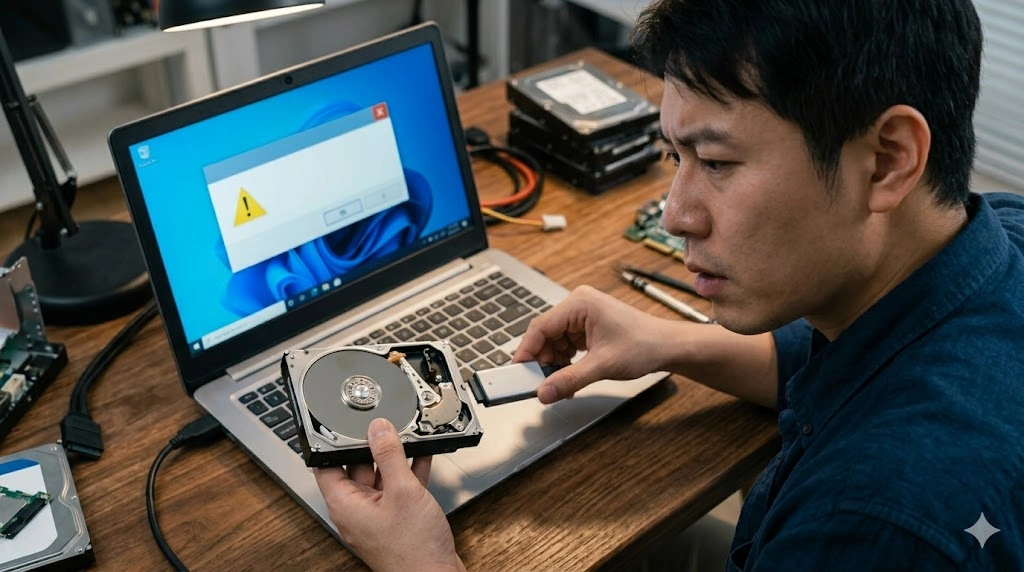 障害が発生したRAIDから取り出されたハードディスクを、Asian男性ユーザーが焦った表情でUSBアダプタを使いノートパソコンに単体接続しようとしている。パソコン画面には(テキストなしの)大きな黄色い警告アイコンが表示され、データの危険性を示唆している。